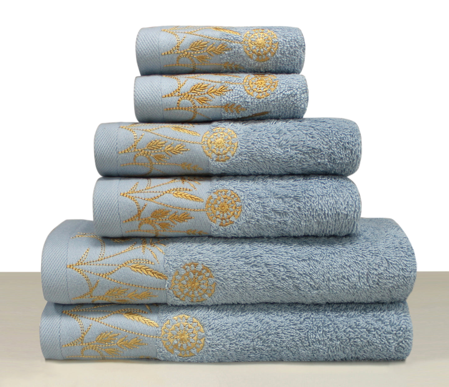 LEAVES Collection 100% Turkish Cotton Bath Towels, 6 piece Bundle, Blue.