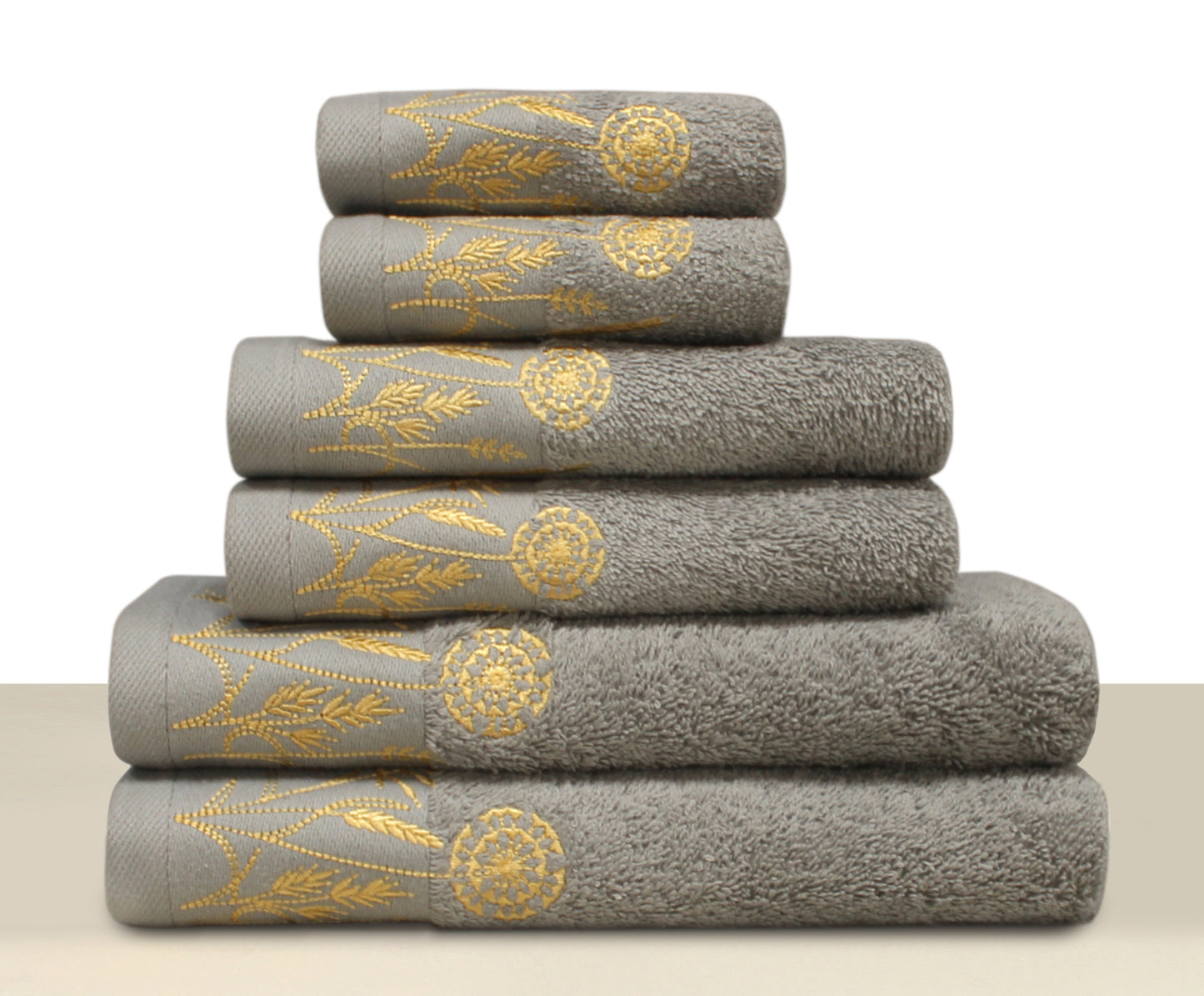 LEAVES Collection 100% Turkish Cotton Towels, 6 piece Bath Bundle, Gray.