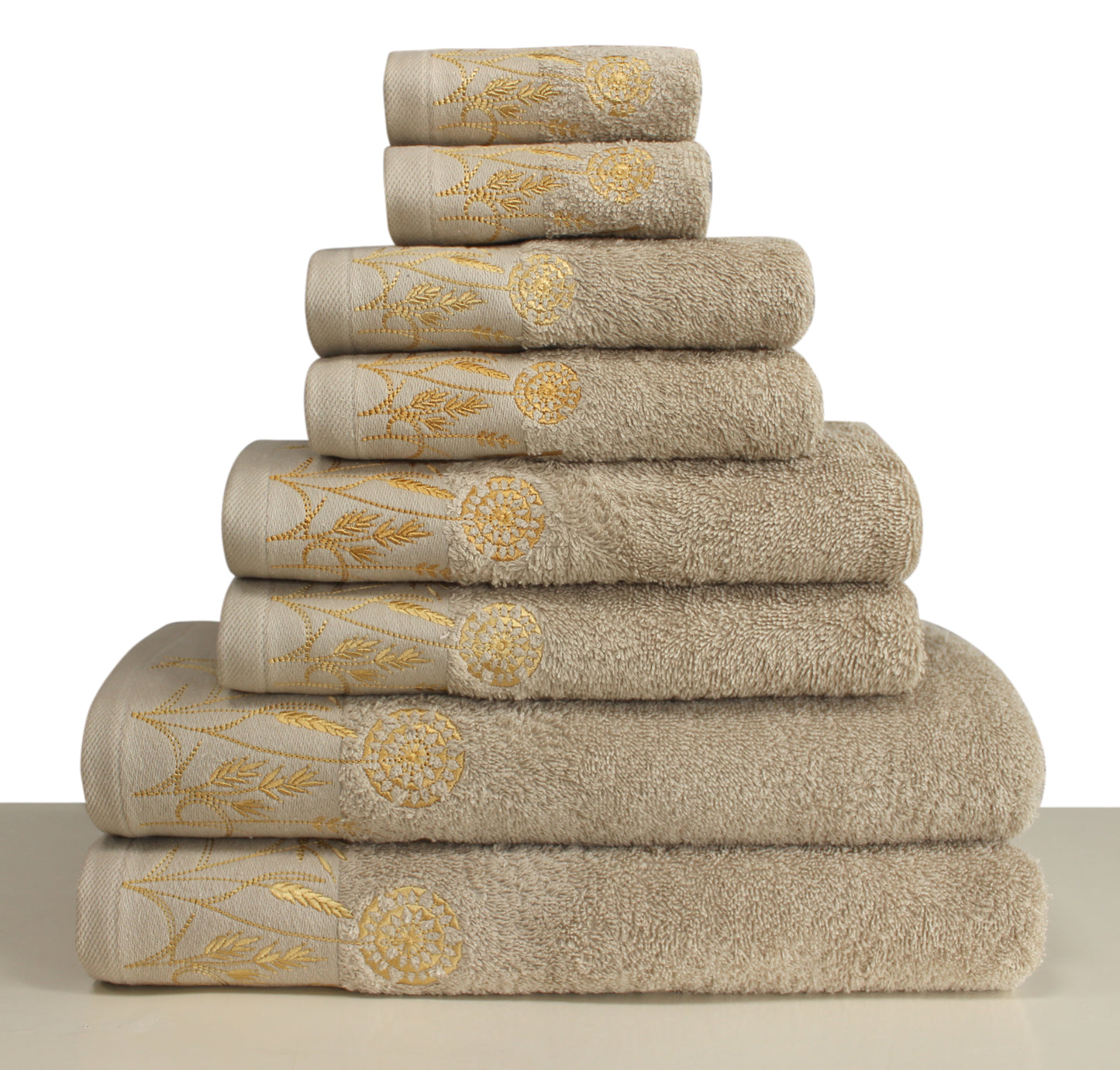 LEAVES Collection 100% Turkish Cotton Towels, 8 piece Bath Bundle, Beige.