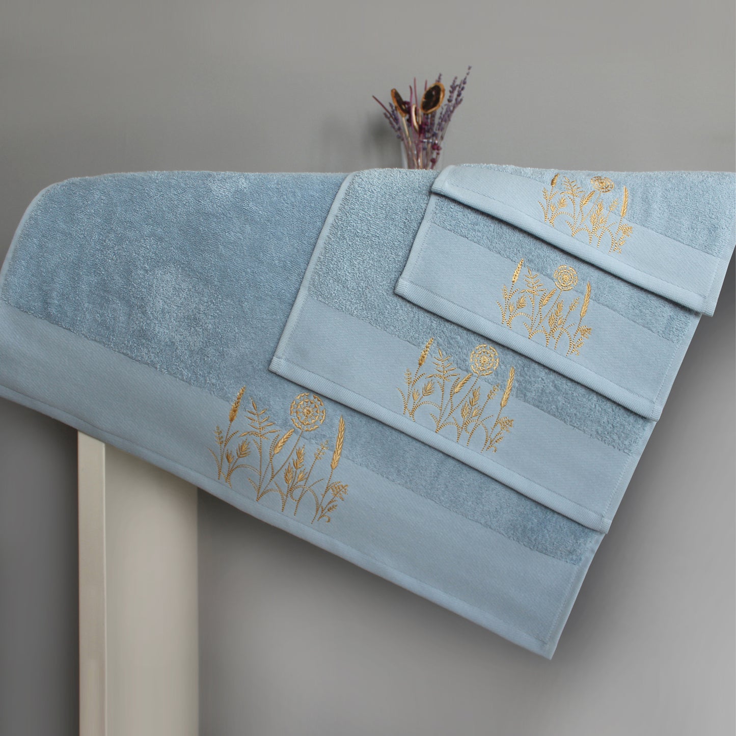 LEAVES Collection 100% Turkish Cotton Bath Towels, 6 piece Bundle, Blue.
