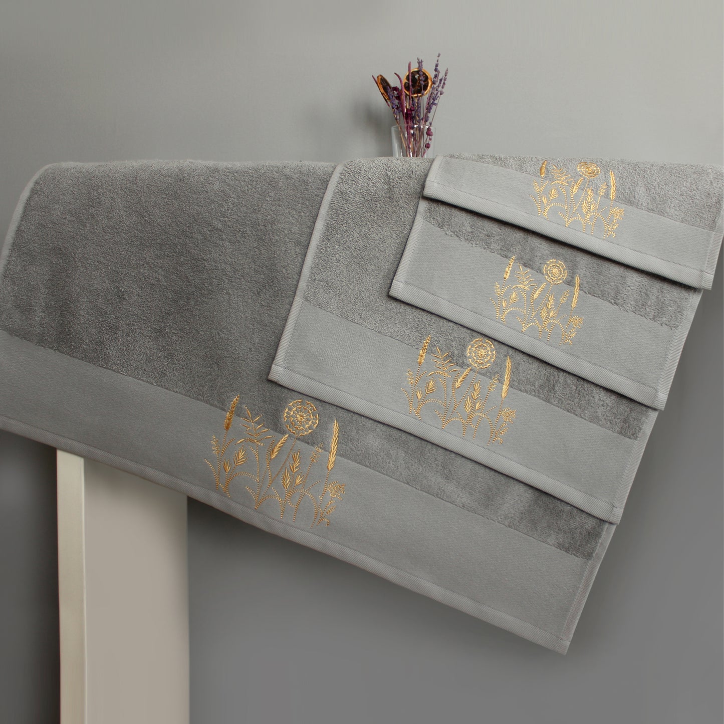LEAVES Collection 100% Turkish Cotton Towels, 8 piece Bath Bundle, Gray.