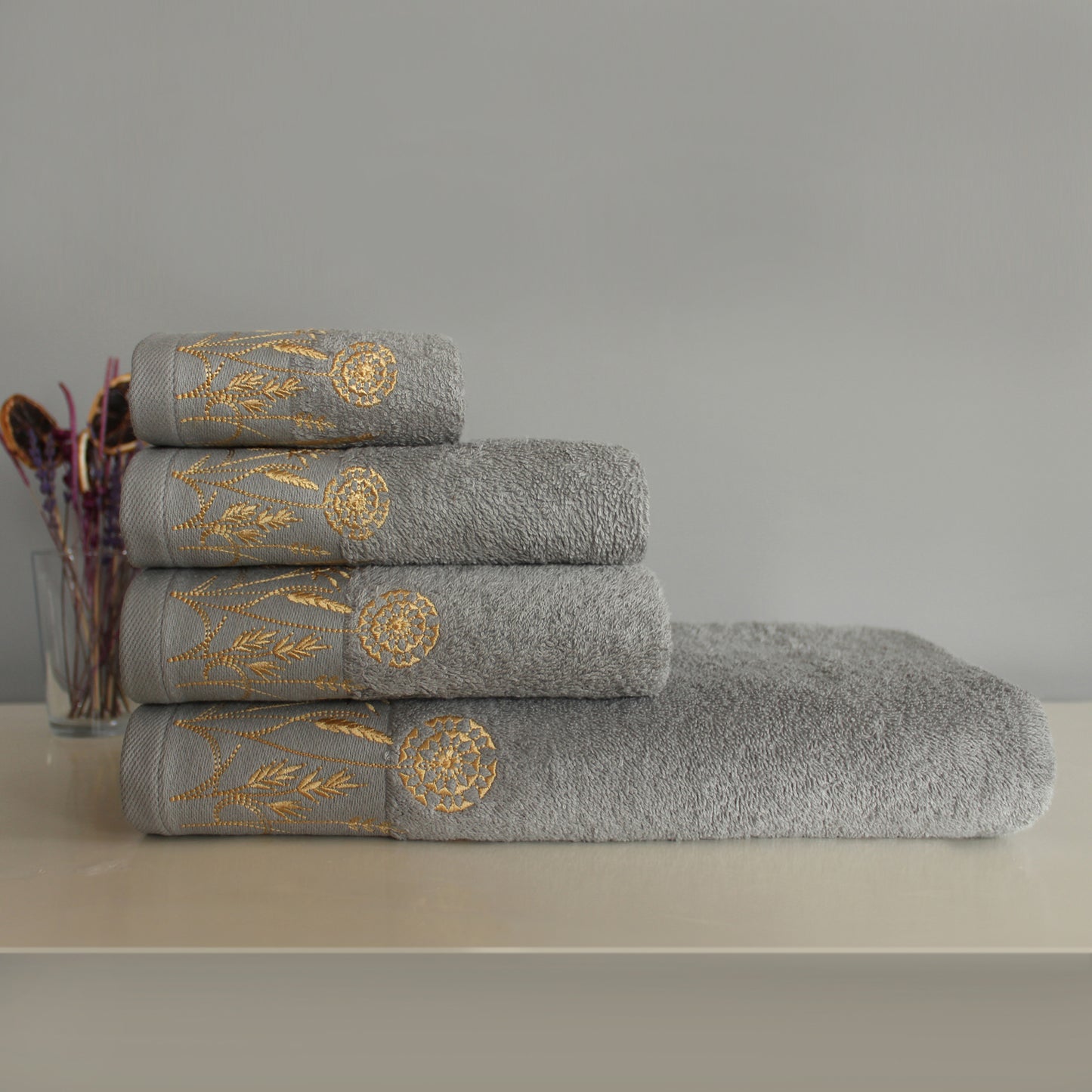 LEAVES Collection 100% Turkish Cotton Towels, 8 piece Bath Bundle, Gray.
