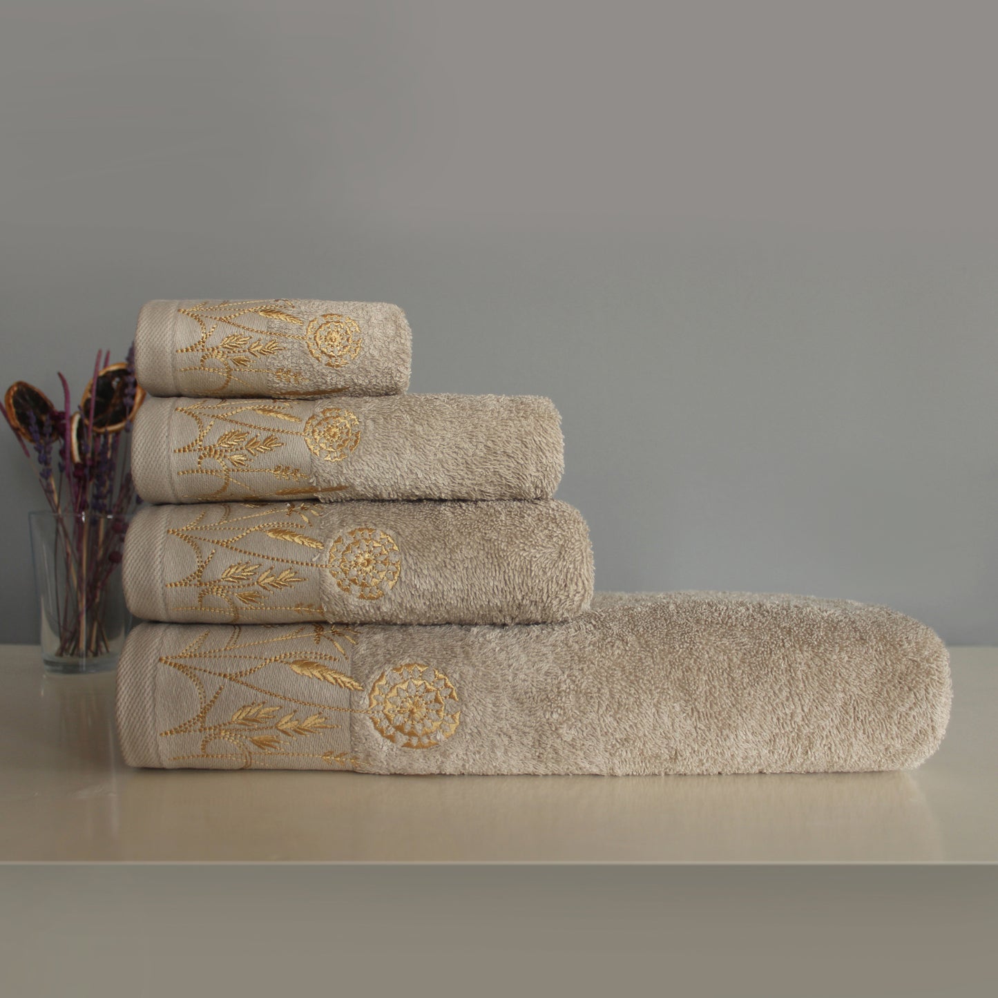 LEAVES Collection 100% Turkish Cotton Towels, 8 piece Bath Bundle, Beige.