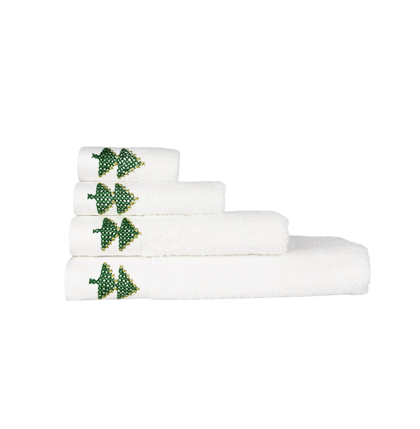 HAND EMBROIDERED Christmas Tree 100% Turkish Cotton Bath Towels, 4 piece Bundle, White.
