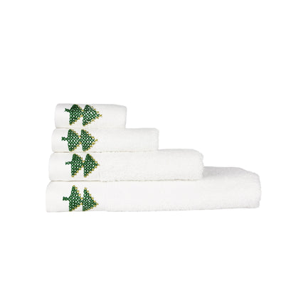 HAND EMBROIDERED Christmas Tree 100% Turkish Cotton Bath Towels, 4 piece Bundle, White.