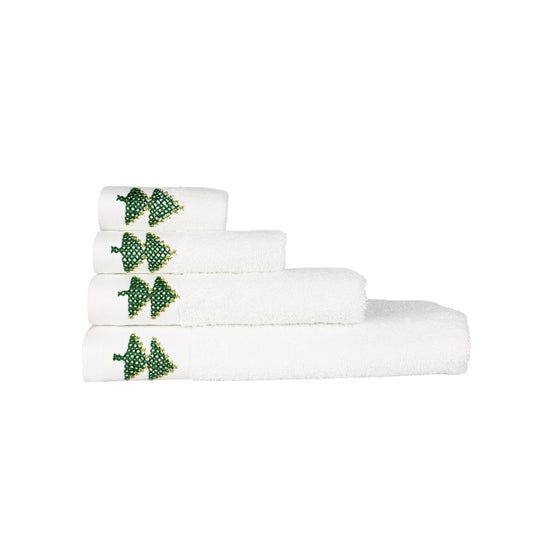 HAND EMBROIDERED Christmas Tree 100% Turkish Cotton Bath Towels, 4 piece Bundle, White.