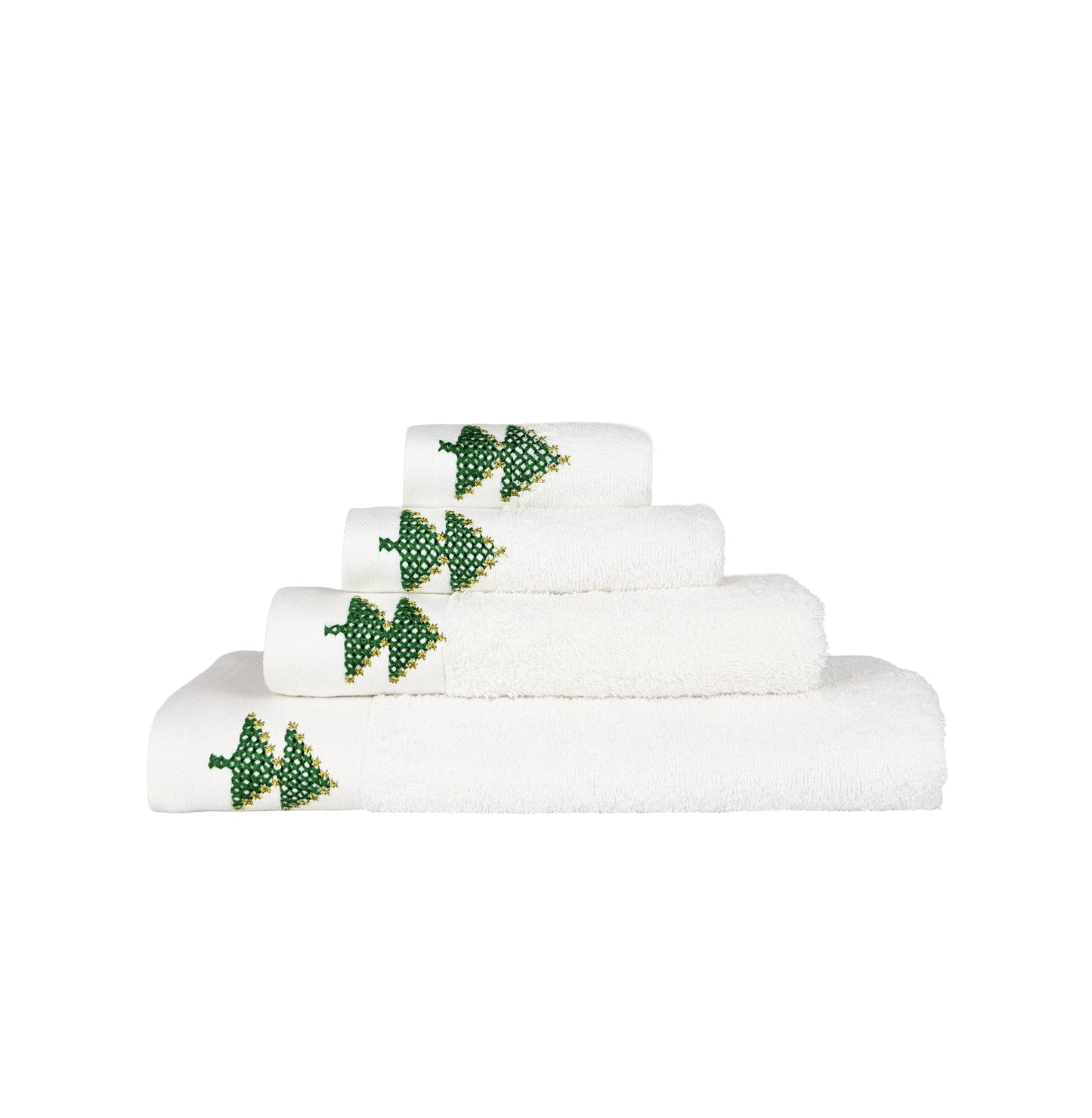 HAND EMBROIDERED Christmas Tree 100% Turkish Cotton Bath Towels, 4 piece Bundle, White.