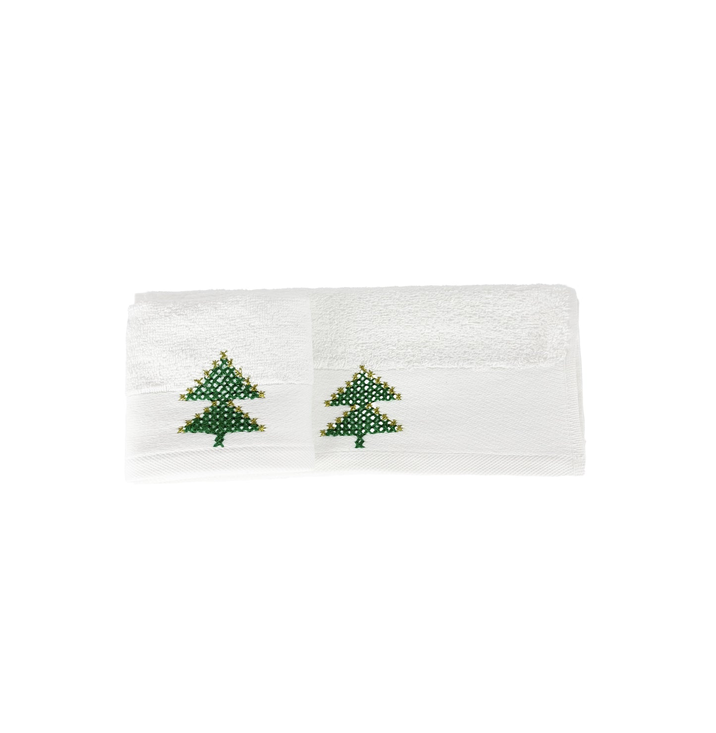 HAND EMBROIDERED Christmas Tree 100% Turkish Cotton Bath Towels, 4 piece Bundle, White.