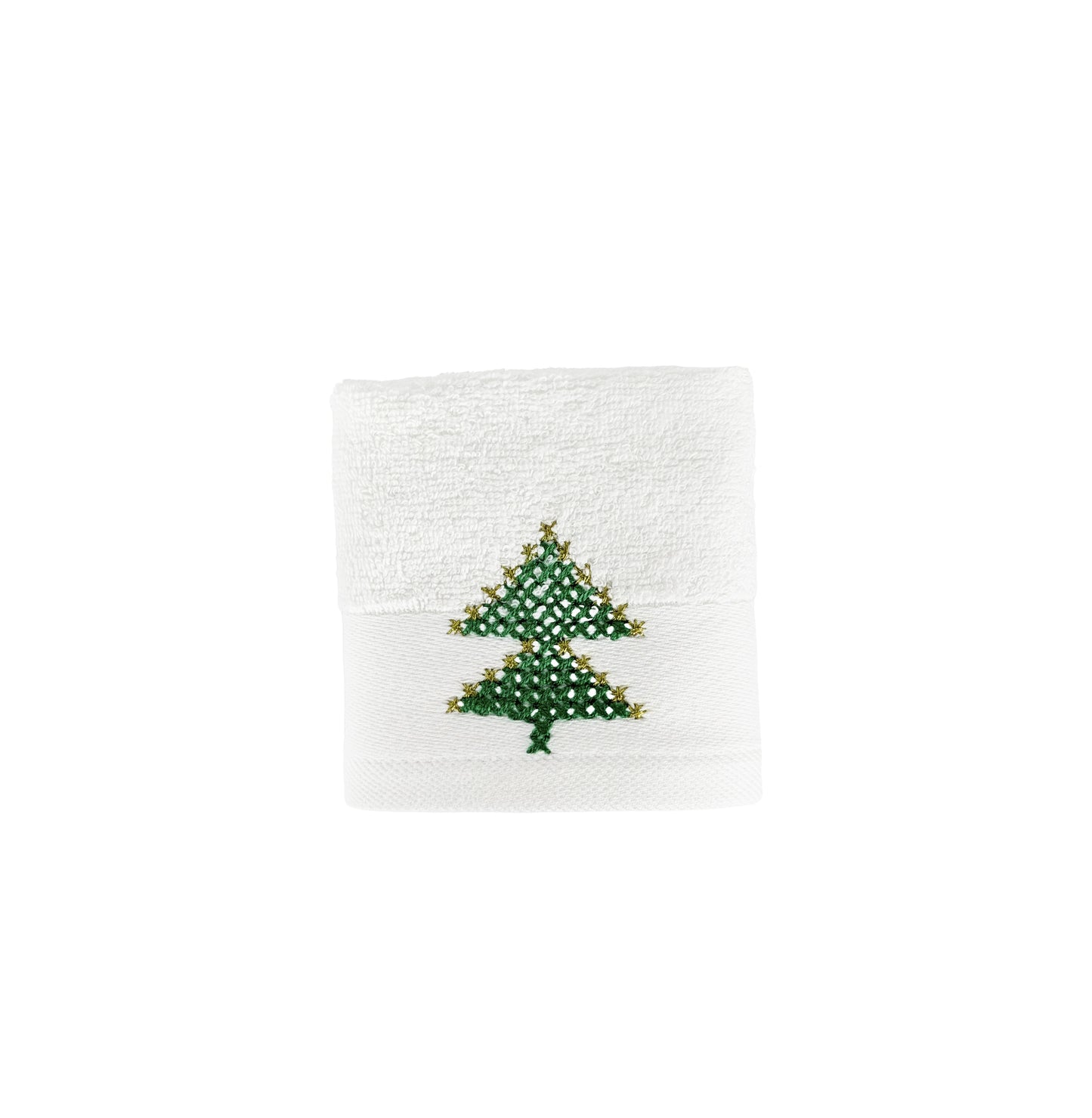 HAND EMBROIDERED Christmas Tree 100% Turkish Cotton Bath Towels, 4 piece Bundle, White.