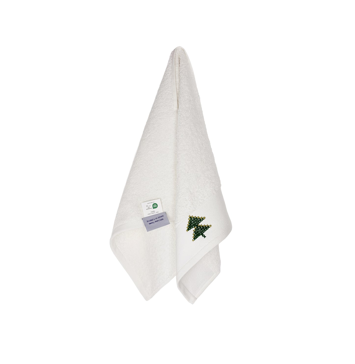 HAND EMBROIDERED Christmas Tree 100% Turkish Cotton Bath Towels, 4 piece Bundle, White.