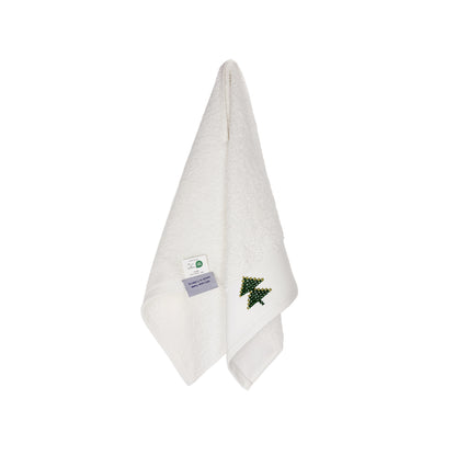 HAND EMBROIDERED Christmas Tree 100% Turkish Cotton Bath Towels, 4 piece Bundle, White.