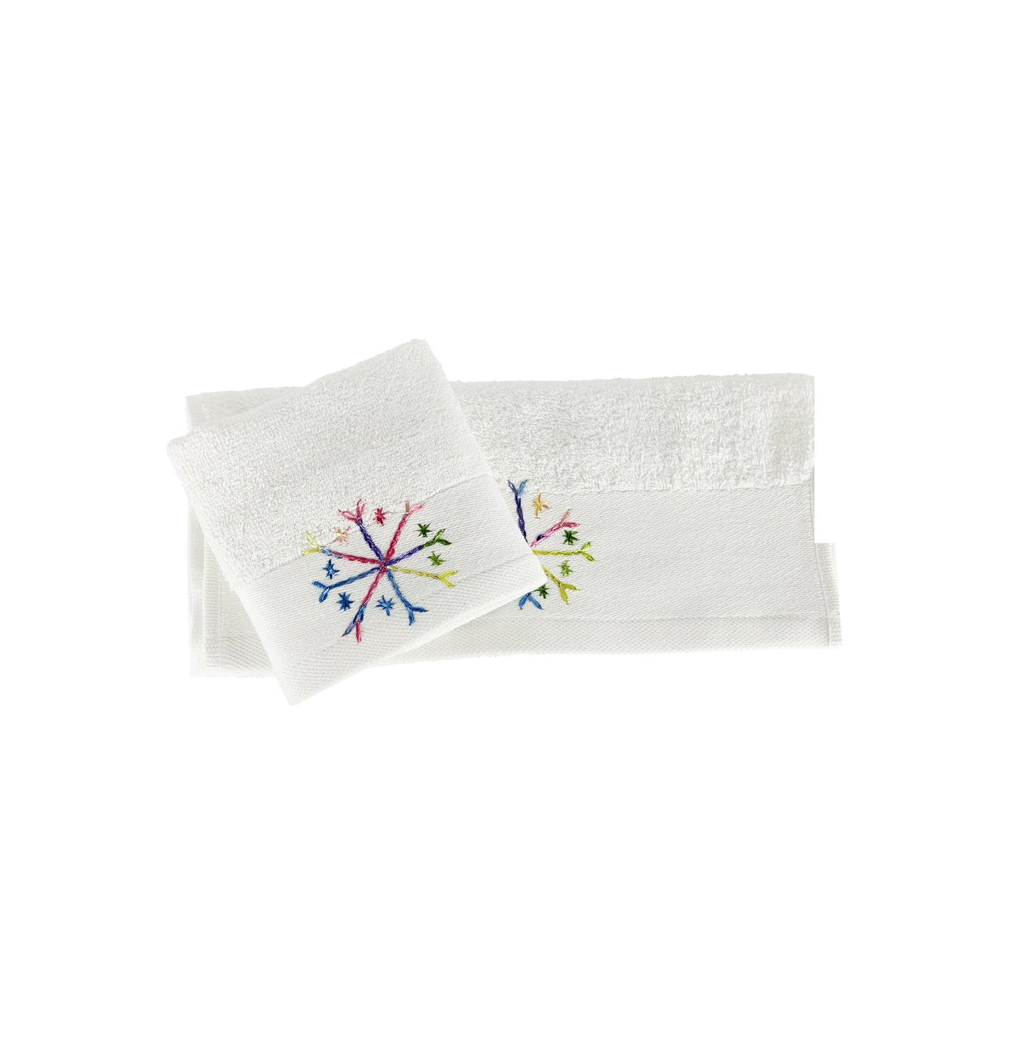 HAND EMBROIDERED Colorful Snowflake 100% Turkish Cotton Bath Towels, 4 piece Bundle, White.