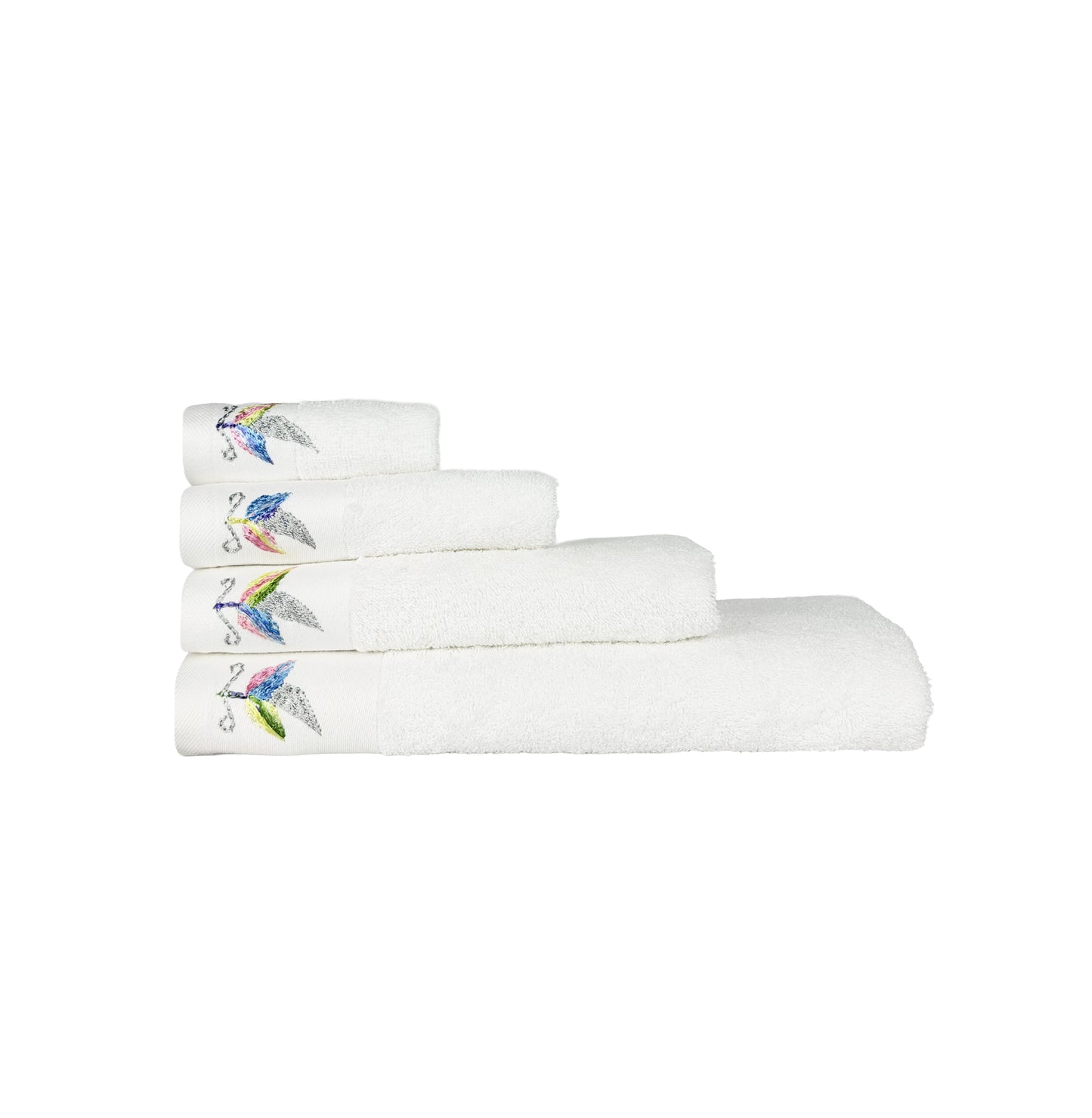 HAND EMBROIDERED Colorful Feather 100% Turkish Cotton Bath Towels, 4 piece Bundle, White.