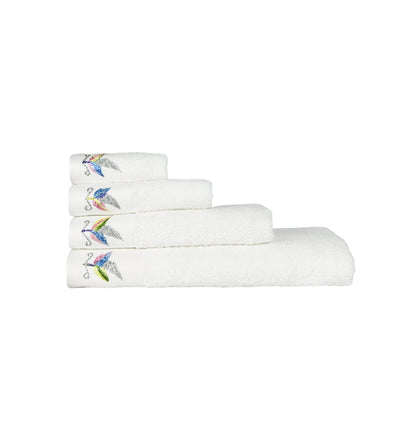 HAND EMBROIDERED Colorful Feather 100% Turkish Cotton Bath Towels, 4 piece Bundle, White.