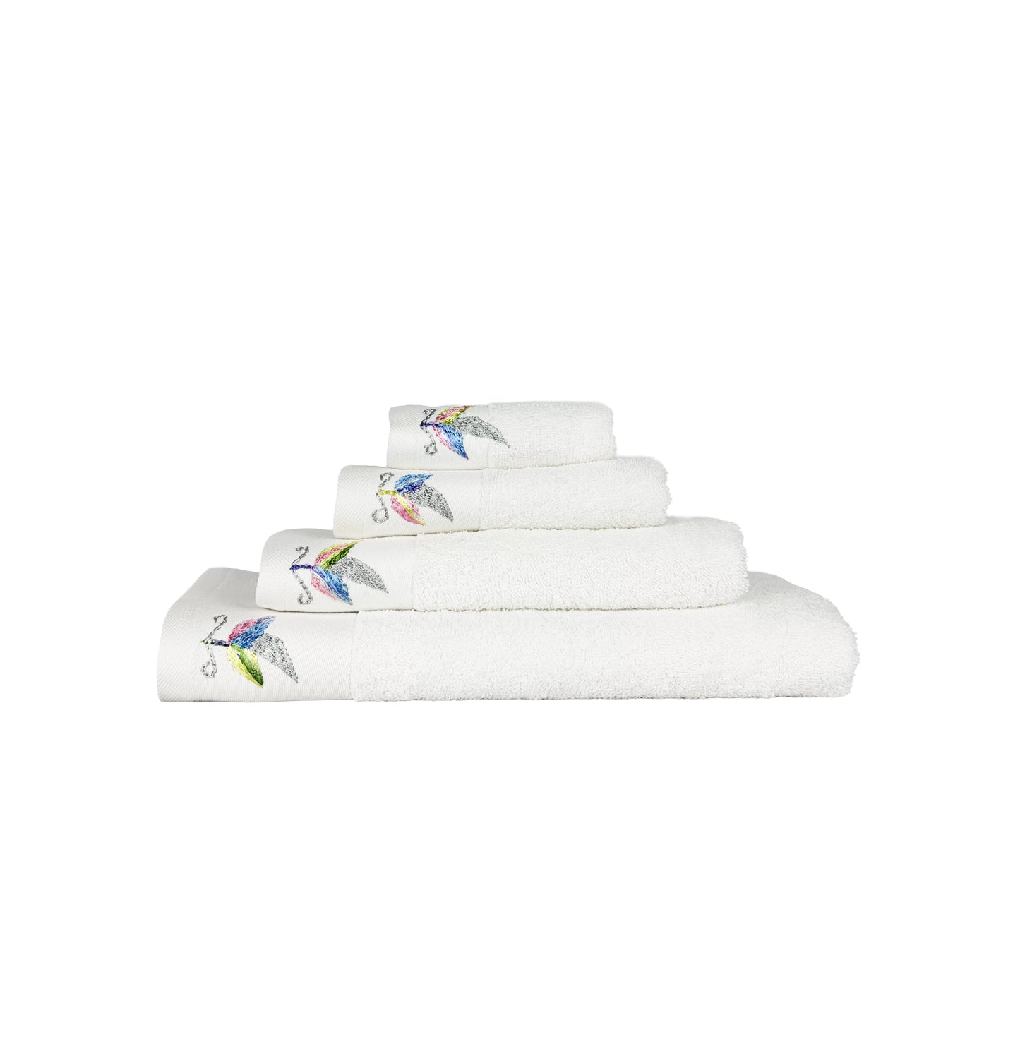 HAND EMBROIDERED Colorful Feather 100% Turkish Cotton Bath Towels, 4 piece Bundle, White.