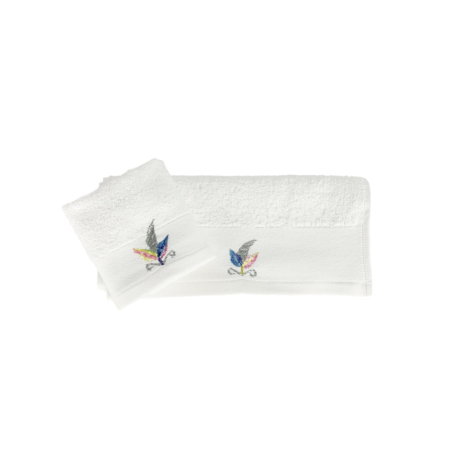 HAND EMBROIDERED Colorful Feather 100% Turkish Cotton Bath Towels, 4 piece Bundle, White.