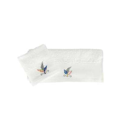 HAND EMBROIDERED Colorful Feather 100% Turkish Cotton Bath Towels, 4 piece Bundle, White.