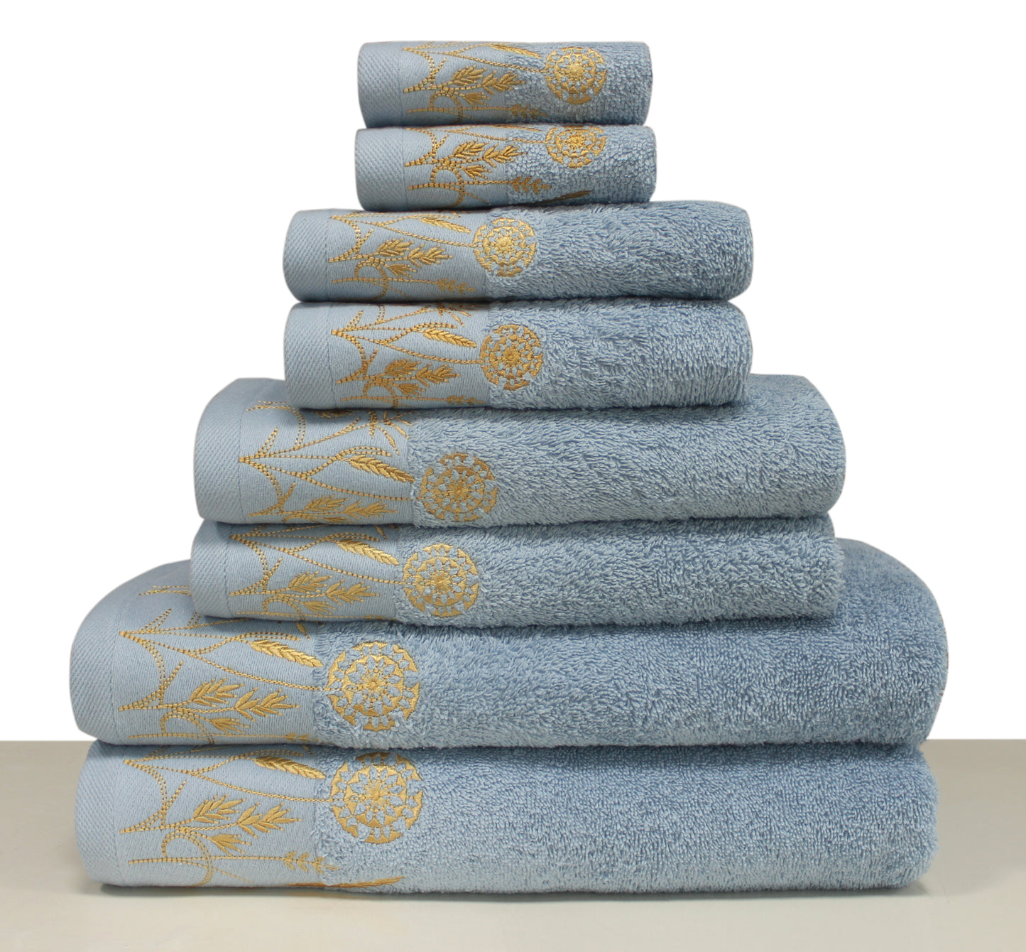 LEAVES Collection 100% Turkish Cotton Towels, 8 piece Bath Bundle, Blue.