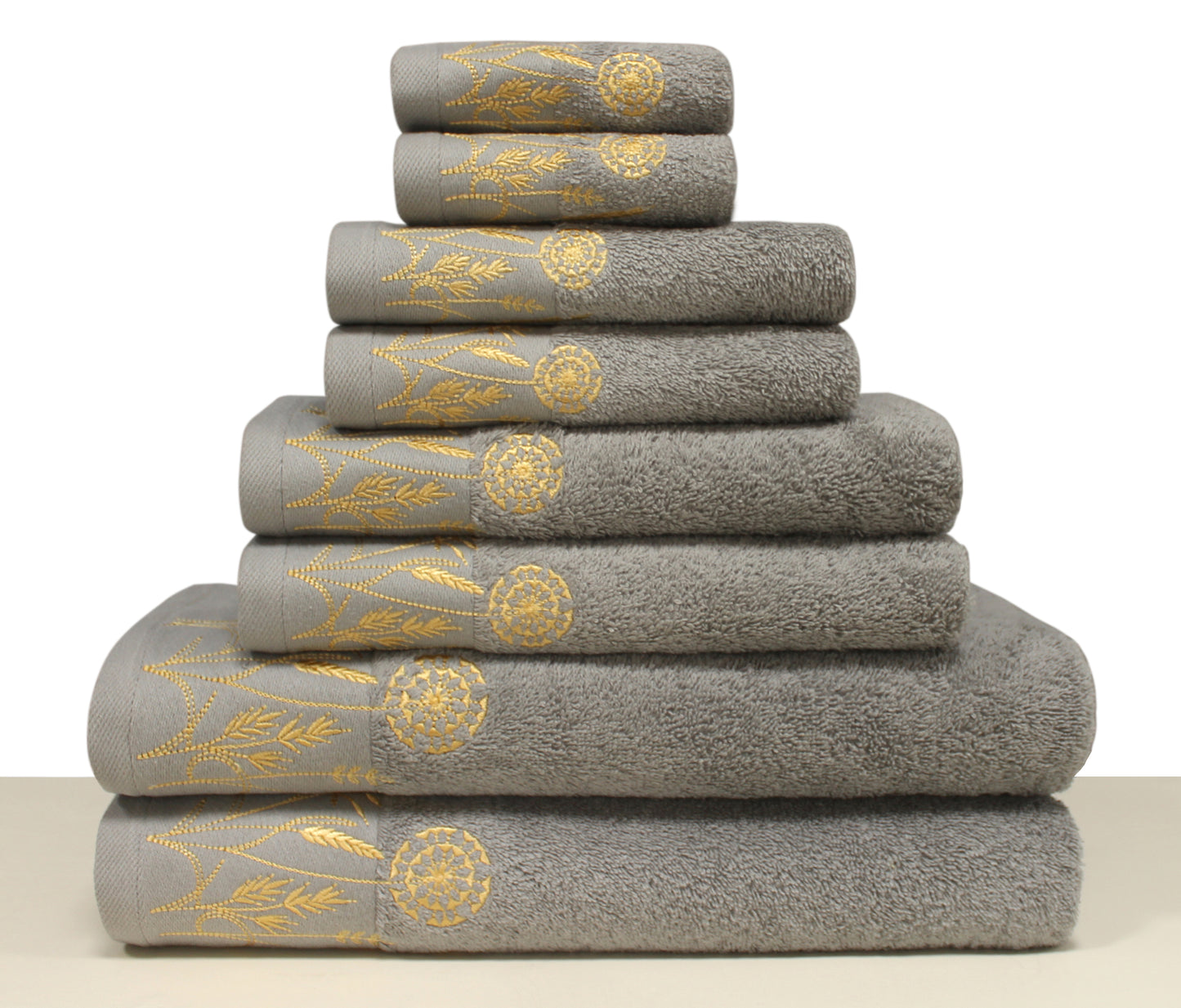 LEAVES Collection 100% Turkish Cotton Towels, 8 piece Bath Bundle, Gray.